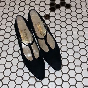 Ferragamo Black Suede T-strap Mary-Jane’s